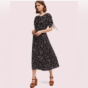 NWT Kate Spade Mallow Dot Midi Dress in black and white with ruched detail. 6.